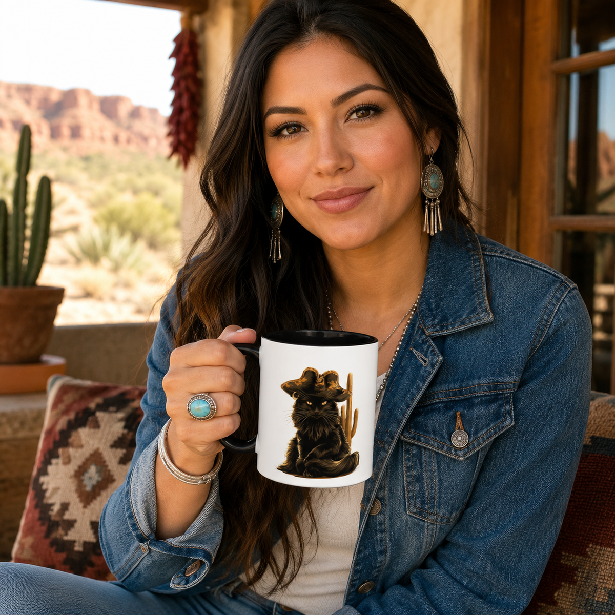 Woman holding a mug with a black cat in a pirate hat, sitting in a cozy desert setting.
