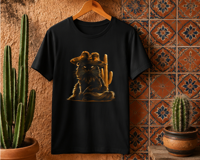 Black Cowboy Cat T-Shirt displayed on a wooden hanger against a textured wall.