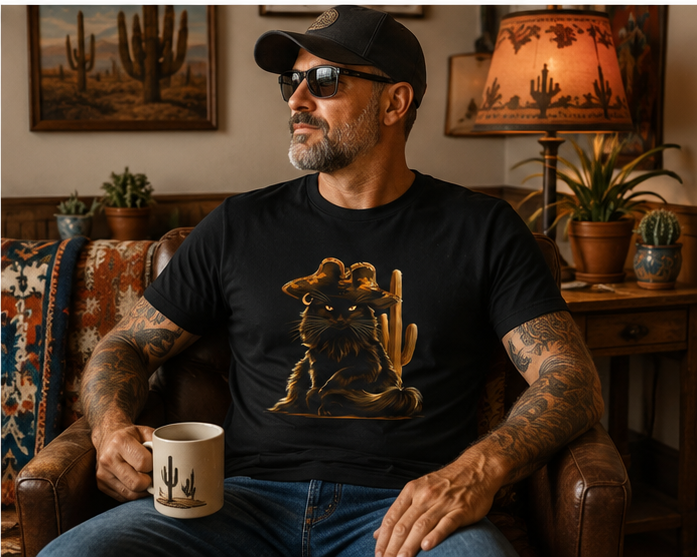 Man wearing a black Cowboy Cat T-Shirt with a cat in a cowboy hat design, holding a mug.