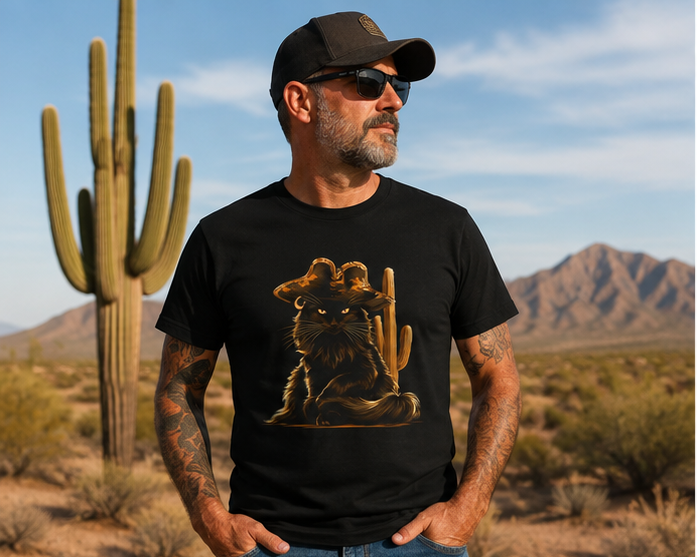 Man wearing a black Cowboy Cat T-Shirt in a desert setting with cacti.