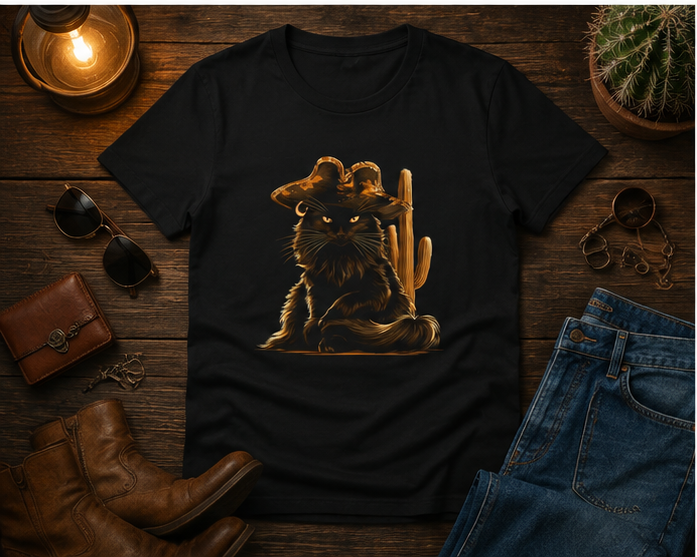 Black Cowboy Cat T-Shirt laid flat on a wooden table with accessories.