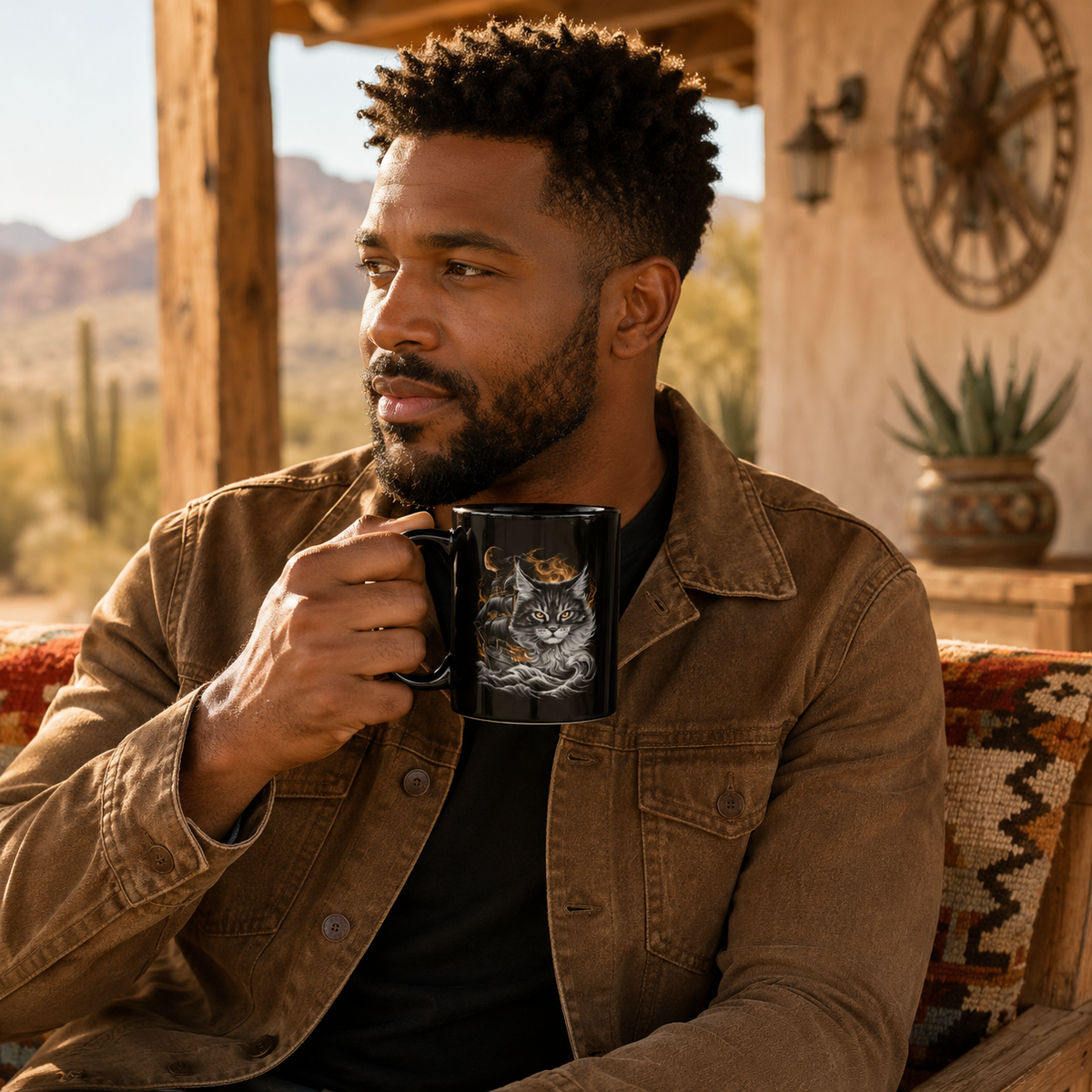 Man holding a black mug with a cat design, sitting outdoors with desert scenery in the background.