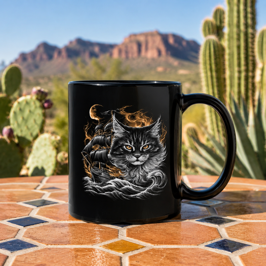 Black mug featuring a cat with a ship design, set on a colorful tile table outdoors.