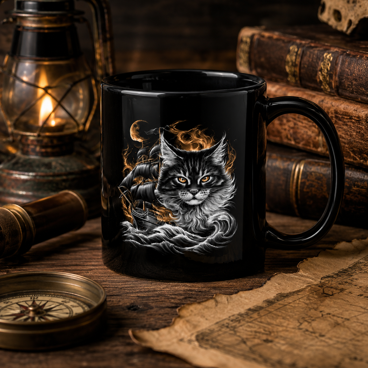 Black mug with a cat and ship design, placed on a rustic wooden table with a lantern and books.