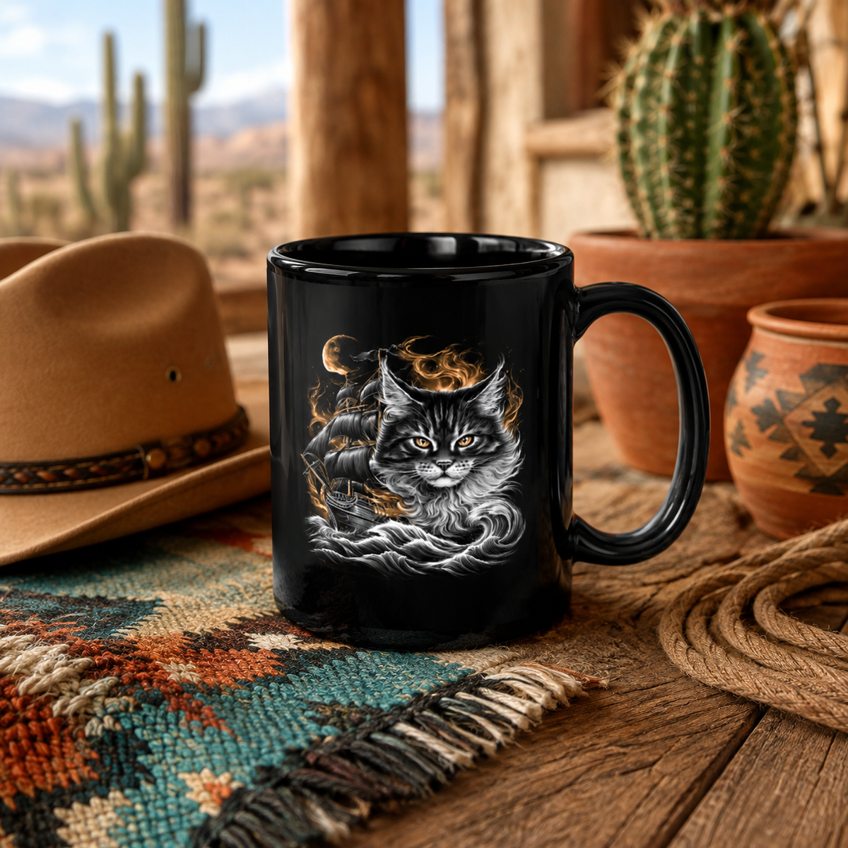 Black mug featuring a cat and ship design, placed next to a cowboy hat and pottery in a rustic setting.