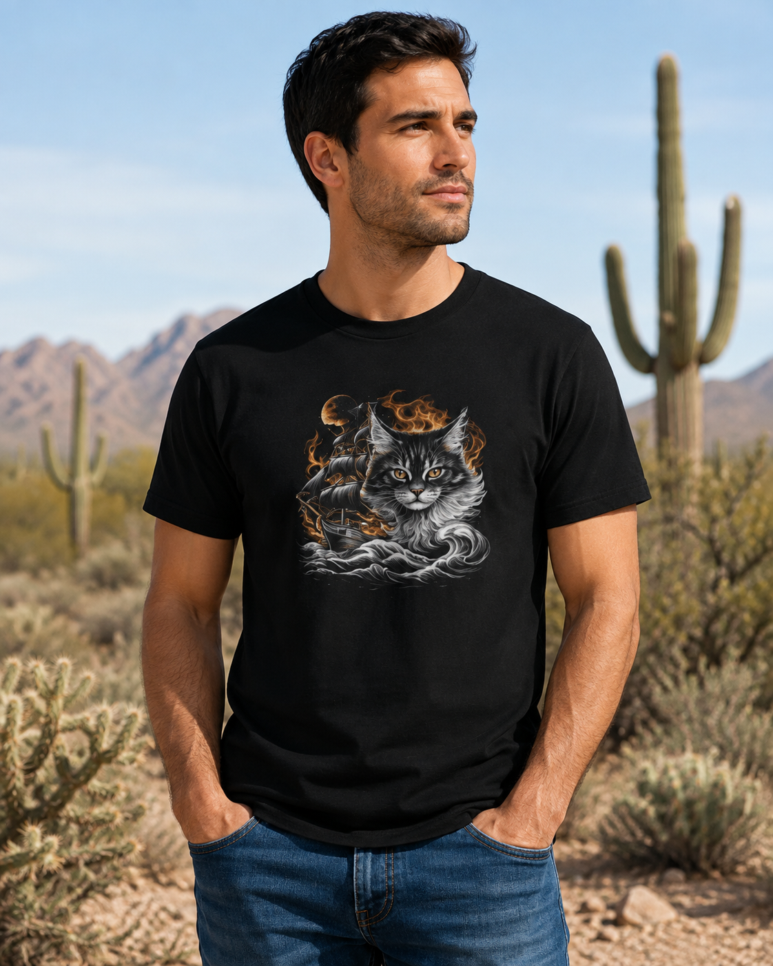 Man wearing a black tee with a cat and ghost ship design in a desert landscape.