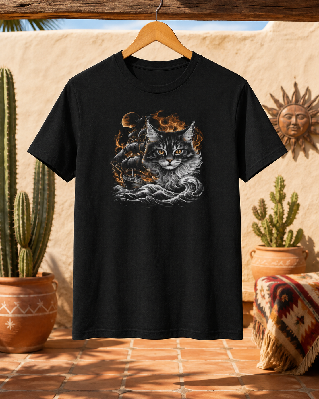 The Ghost Ship Feral Tee displayed on a hanger in a desert-themed environment.