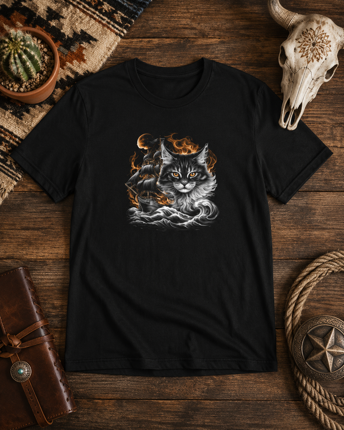 Close-up of The Ghost Ship Feral Tee showcasing a cat and ship graphic on a black t-shirt.