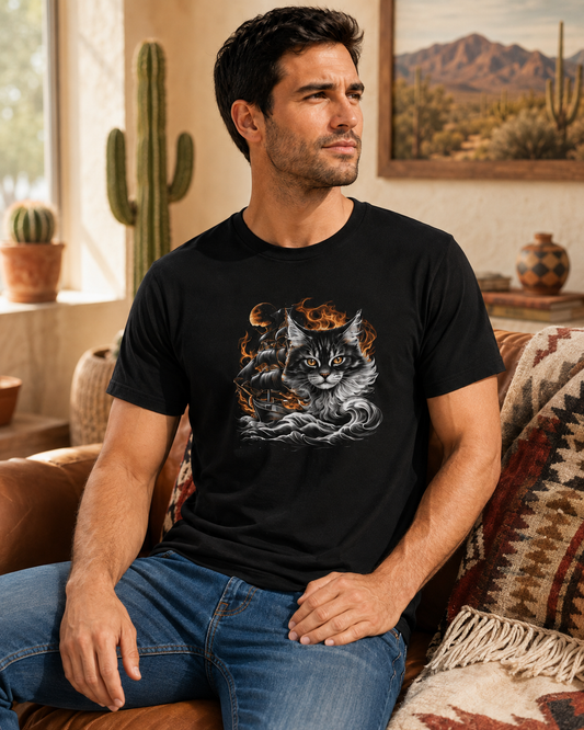 Man wearing The Ghost Ship Feral Tee featuring a cat and ship design in a desert setting.