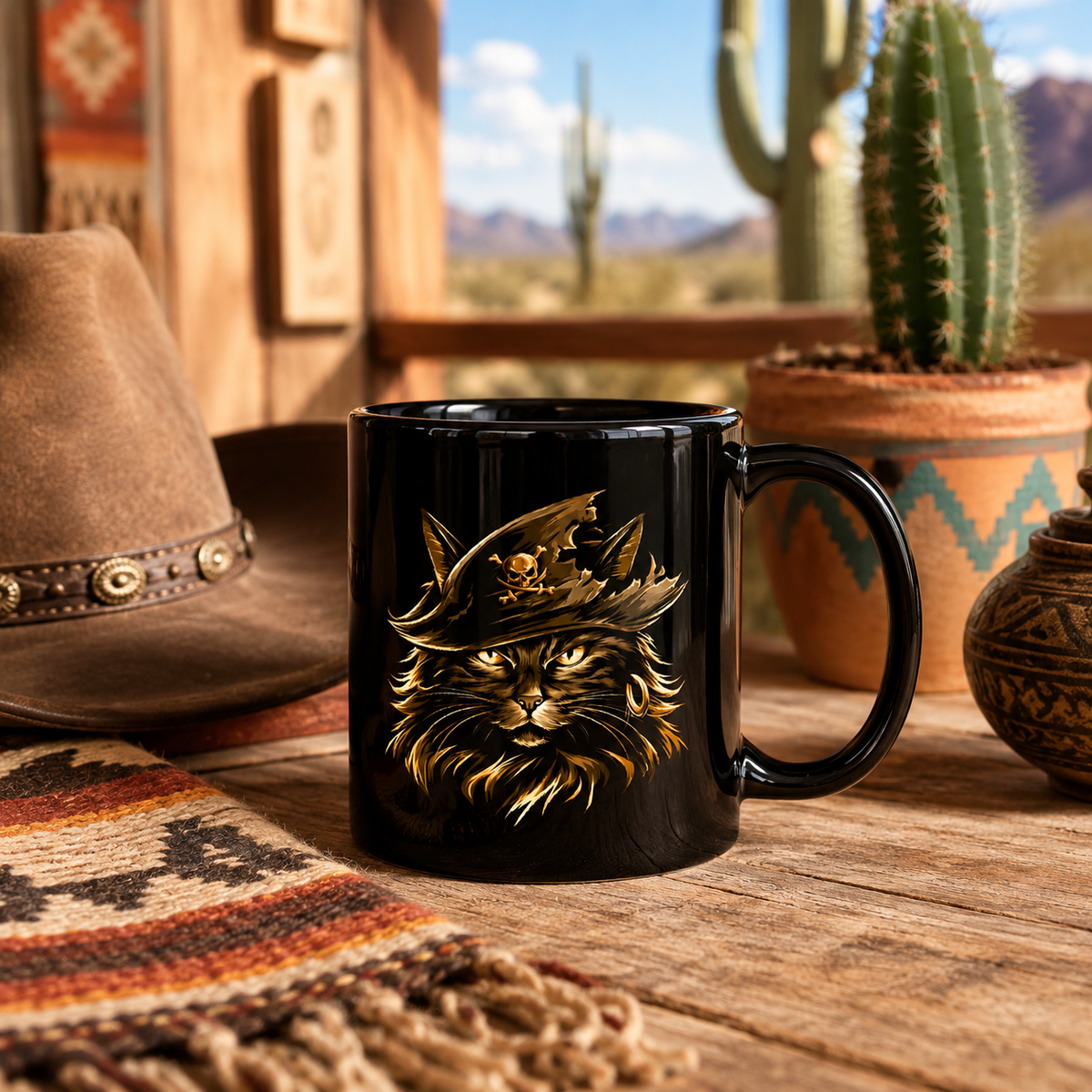 Black mug featuring a pirate cat design, set against a rustic background with cacti.