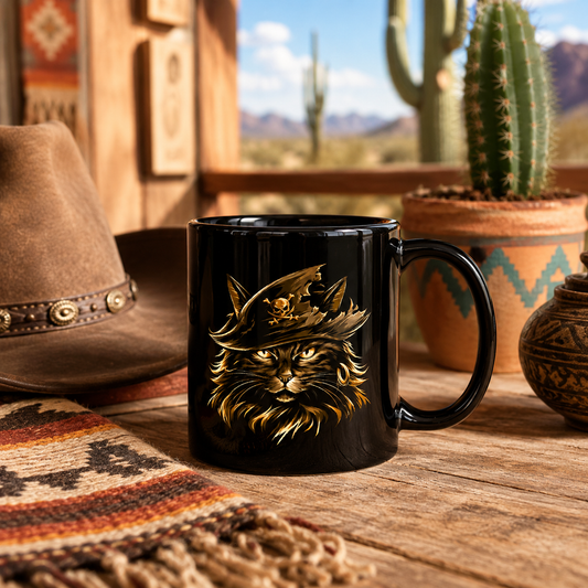Black mug featuring a pirate cat design, set against a rustic background with cacti.