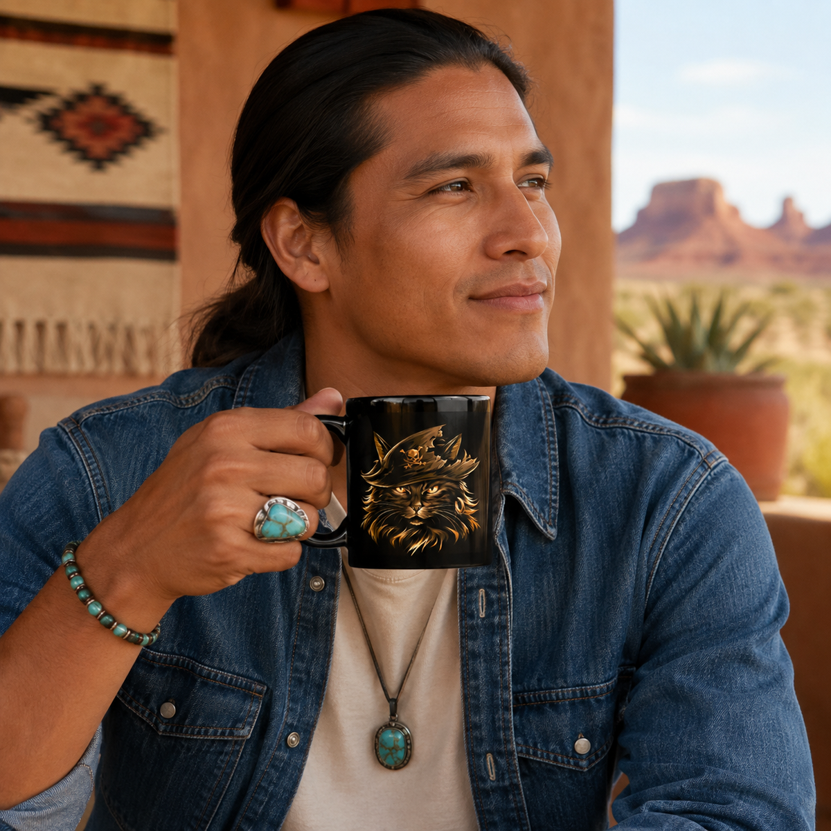 Man holding a black mug with a pirate cat design, wearing turquoise jewelry.