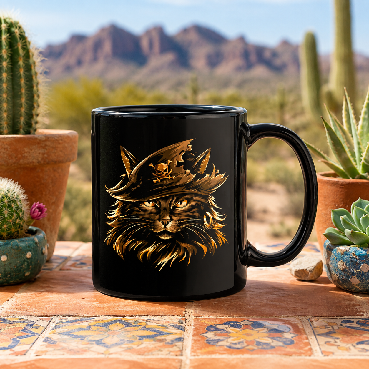 Black mug displaying a pirate cat, placed on a colorful tiled table with cacti.