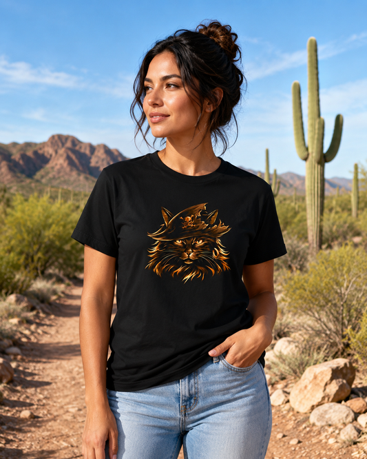 Woman wearing a black tee with a pirate cat design in a desert landscape