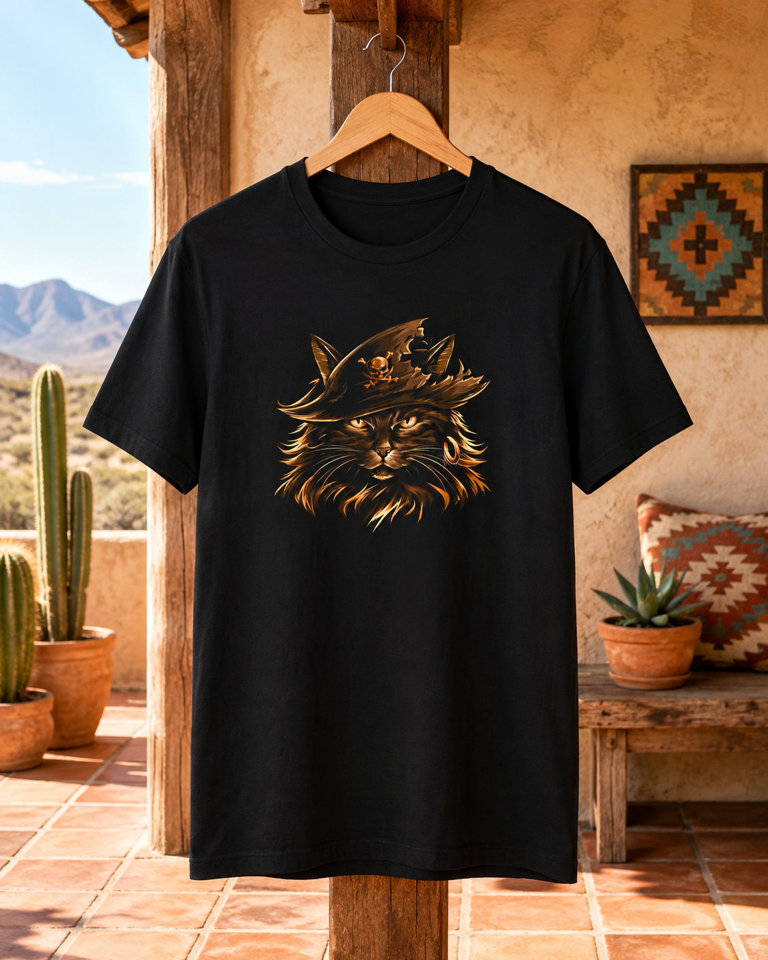 Black tee with a pirate cat design hanging on a wooden hook in a rustic setting