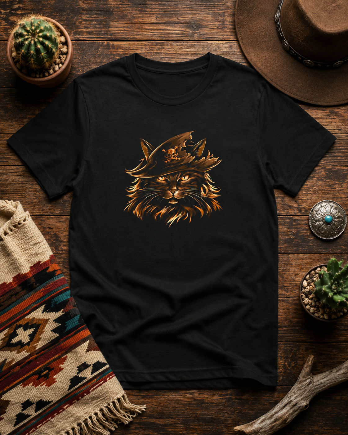 Black tee with a pirate cat design displayed on a wooden table with decor