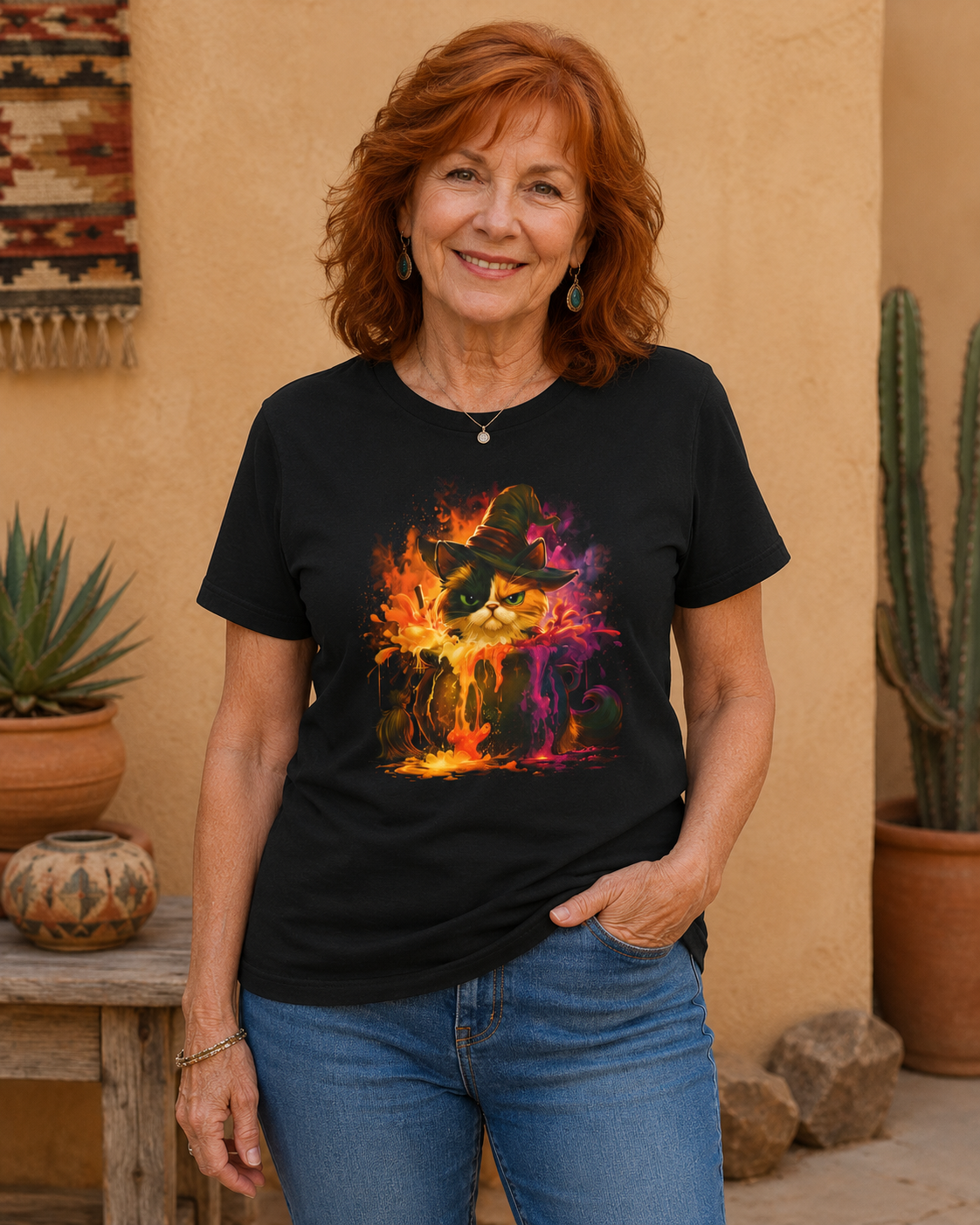 A smiling woman with red hair stands outdoors wearing a black graphic T-shirt witch-hat-wearing cat with an expression that's pure feline sass.