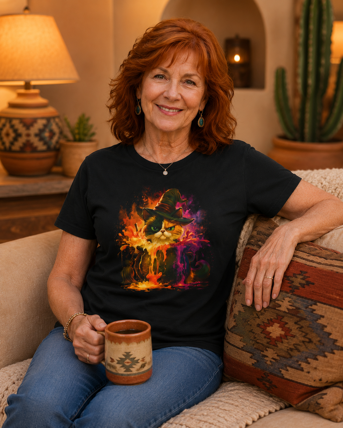 A smiling woman with red hair sits on wearing a black graphic t-shirt with a colorful witch-hat-wearing cat with an expression that's pure feline sass in a caldron of chaos.