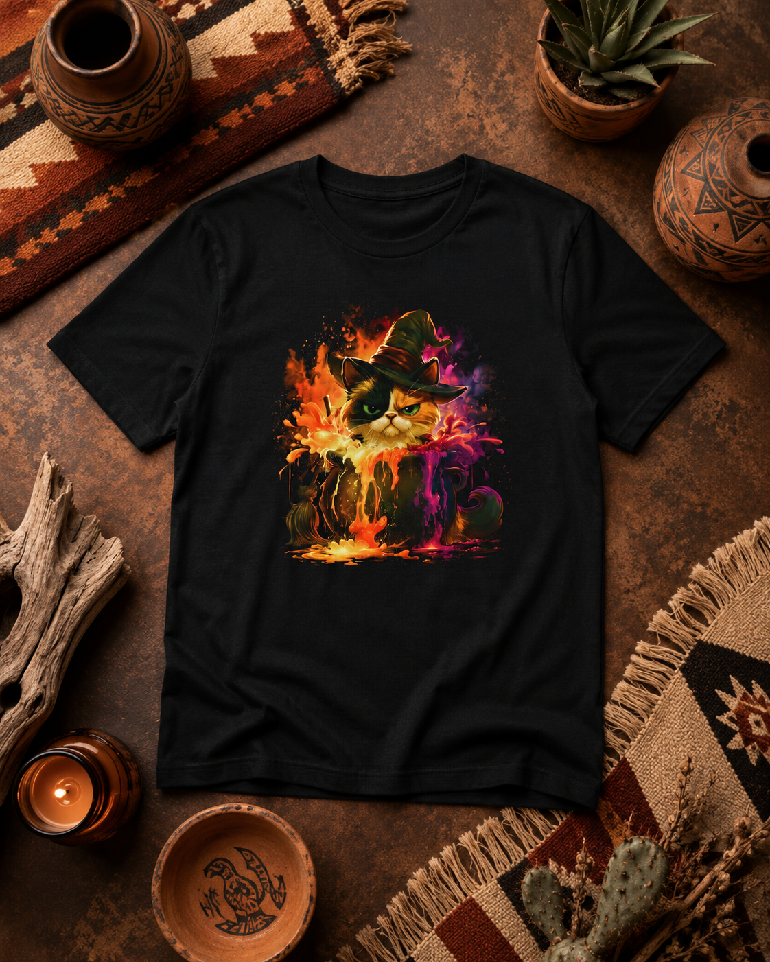 A black short-sleeve t-shirt with a colorful graphic of a witch riding a fiery broomstick, displayed in a rustic flat-lay setting with pottery, a candle, and dried plants.