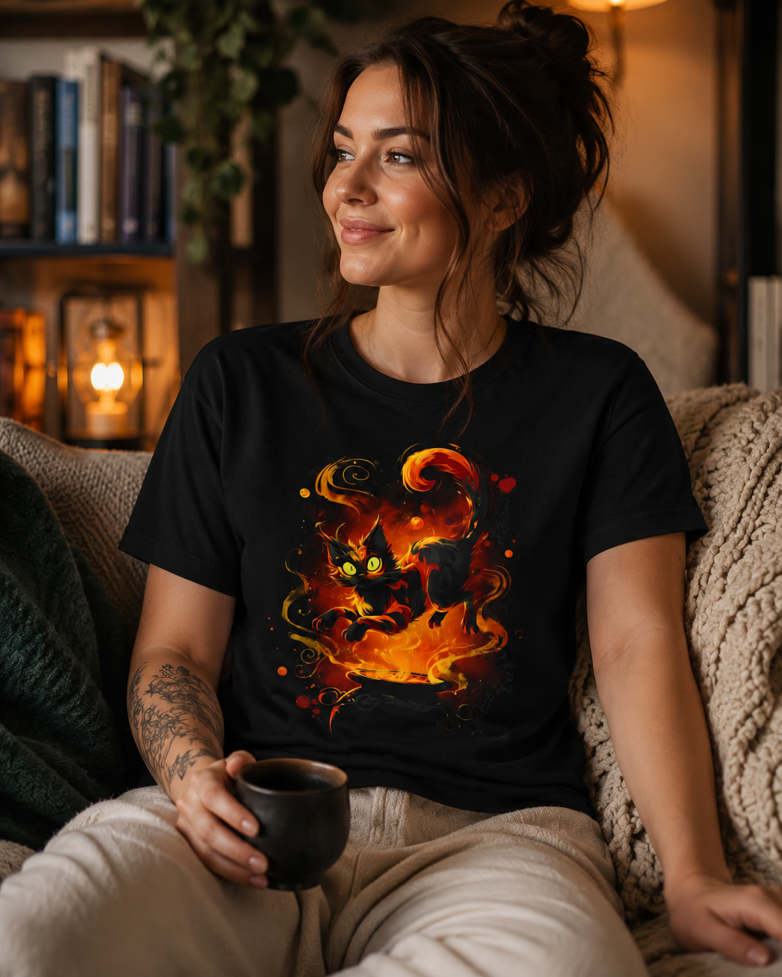 Black T-shirt with a black cat with glowing green eyes, emerging from a fiery void of swirling flames and sparks.