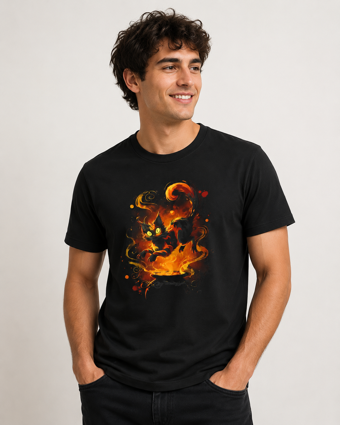 A man wearing black t-shirt with a black cat with glowing green eyes, emerging from a fiery void of swirling flames and sparks coming out of a caldron. 