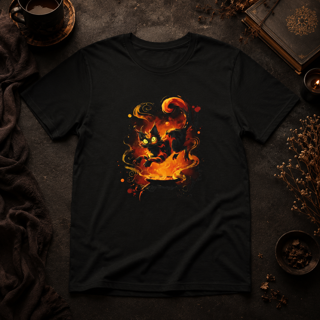 Black T-shirt with a black cat with glowing green eyes, emerging from a fiery void of swirling flames and sparks coming out of a caldron. 