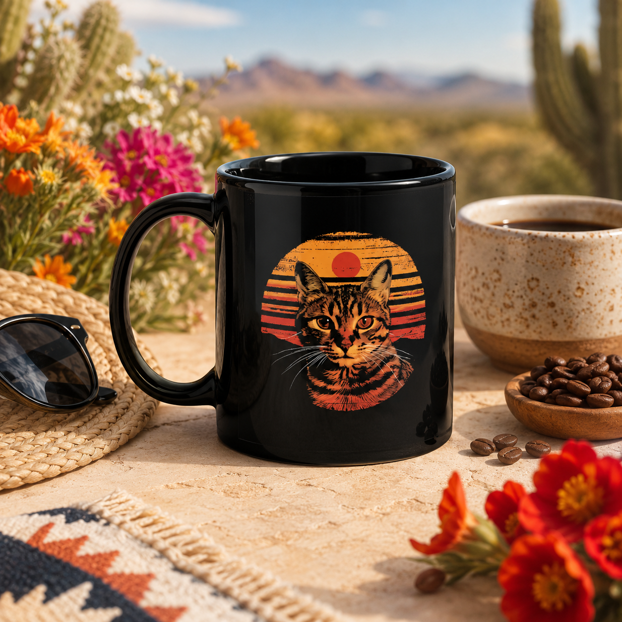 Tabby cat coffee mug with vintage sunset artwork styled outdoors with desert flowers, coffee beans, sunglasses, and cactus landscape in the background.