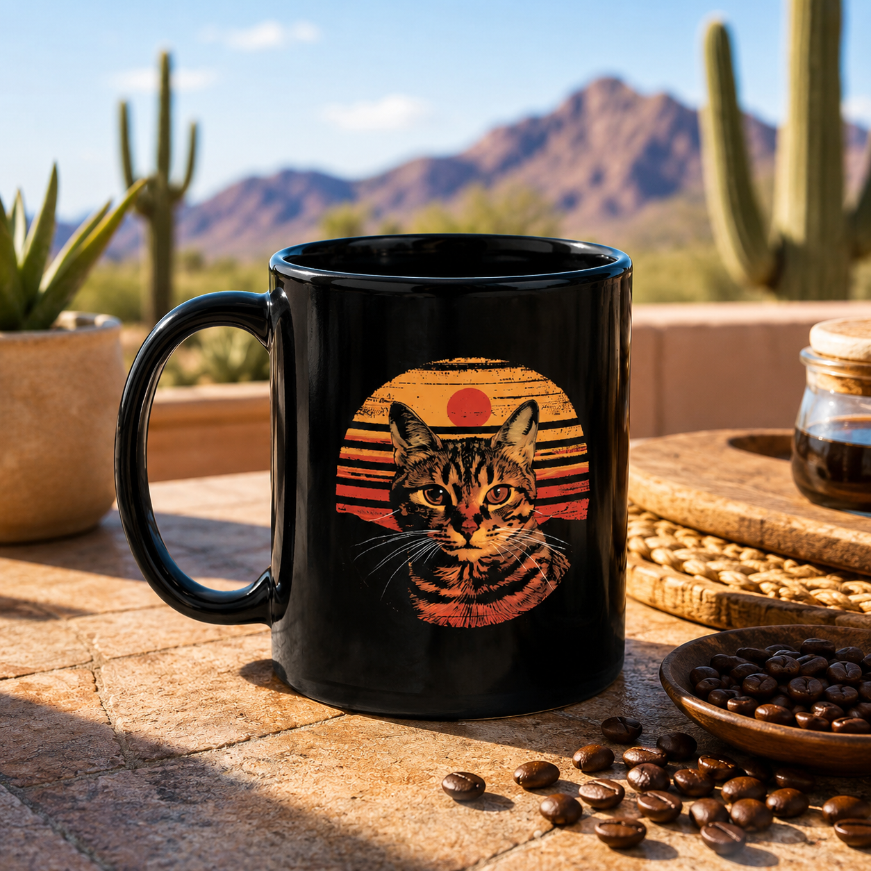 Tabby cat black mug with retro sunset design styled on a sunny Arizona-style patio with coffee beans, cactus, and desert mountains in the background.