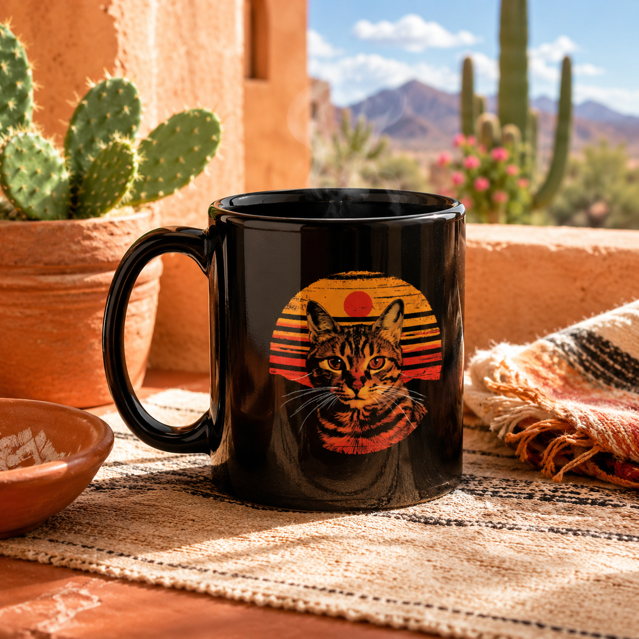 Feral Leader Retro Sunset Cat Mug | Vintage Tabby Cat Mug with Groovy 70s Sunset