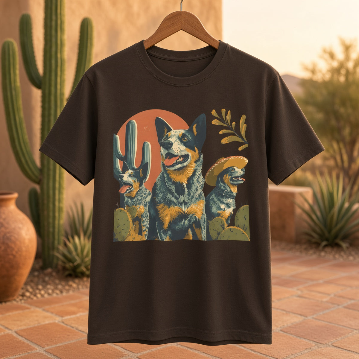 Brown t-shirt with a graphic of three blue heelers and cacti, displayed on a hanger.