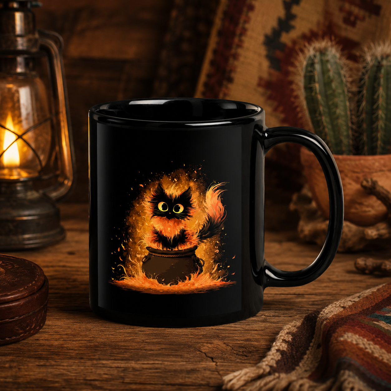Tiny Cauldron Cat Mug - Enchanting Feline Flames