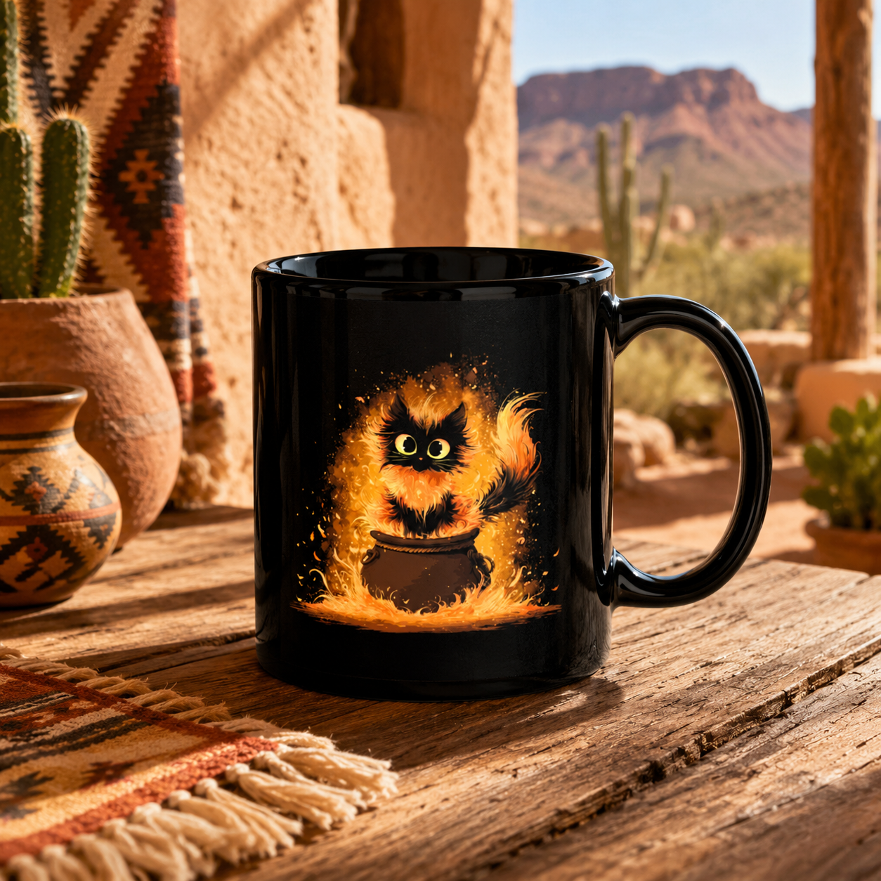 Tiny Cauldron Cat Mug - Enchanting Feline Flames