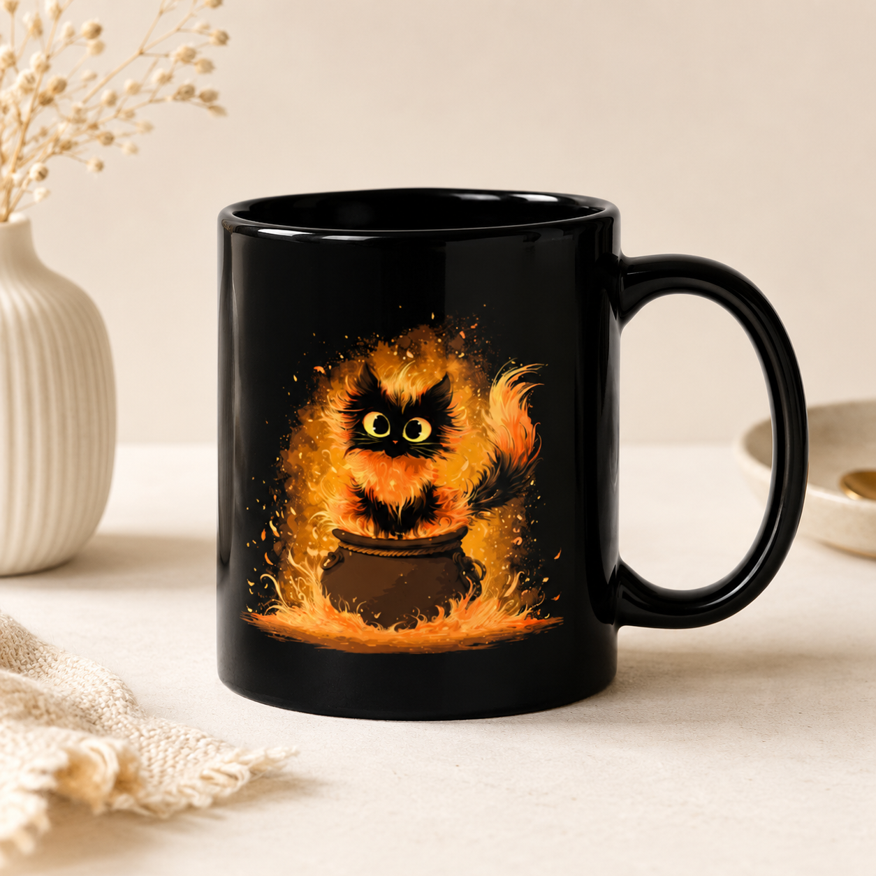 Tiny Cauldron Cat Mug - Enchanting Feline Flames