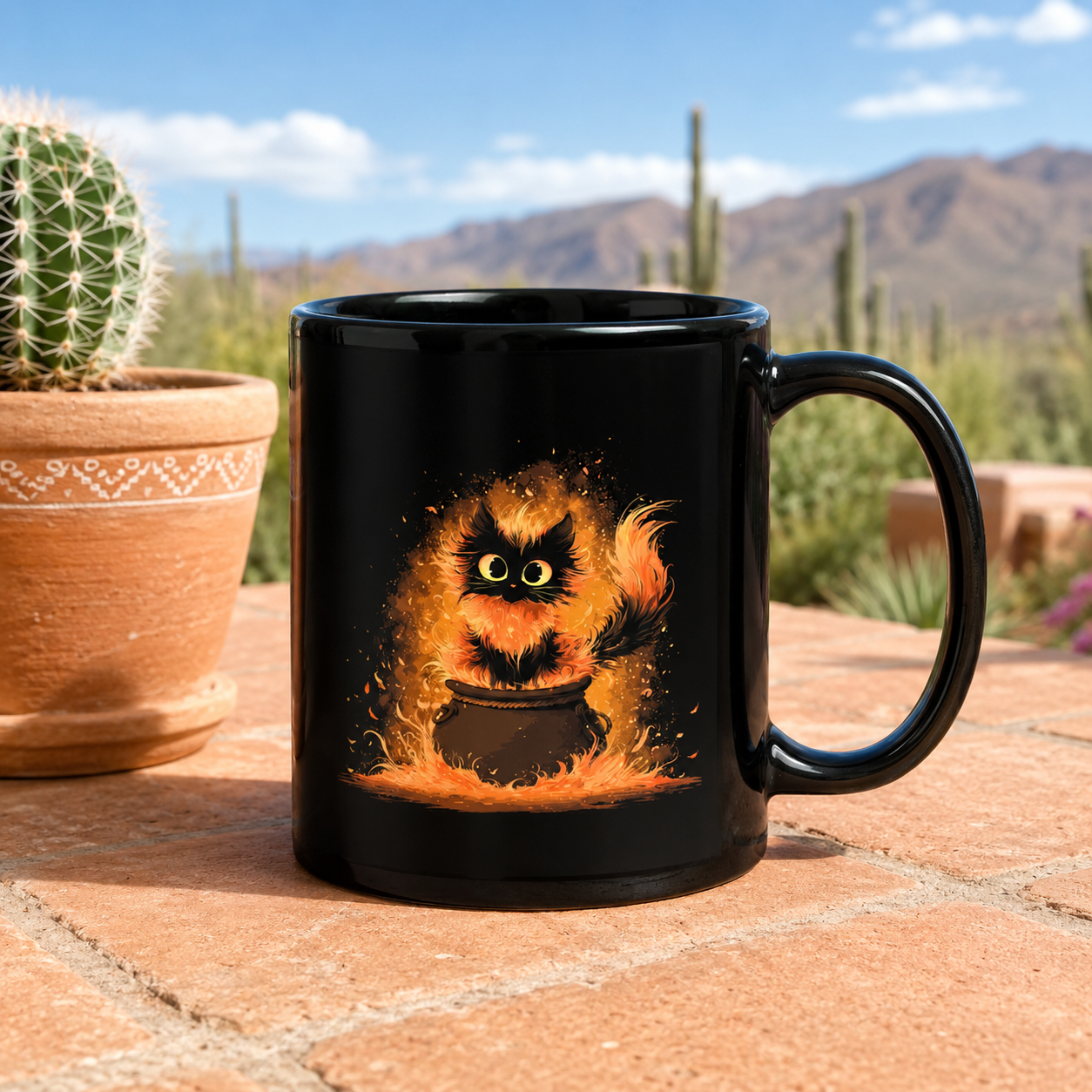 Tiny Cauldron Cat Mug - Enchanting Feline Flames