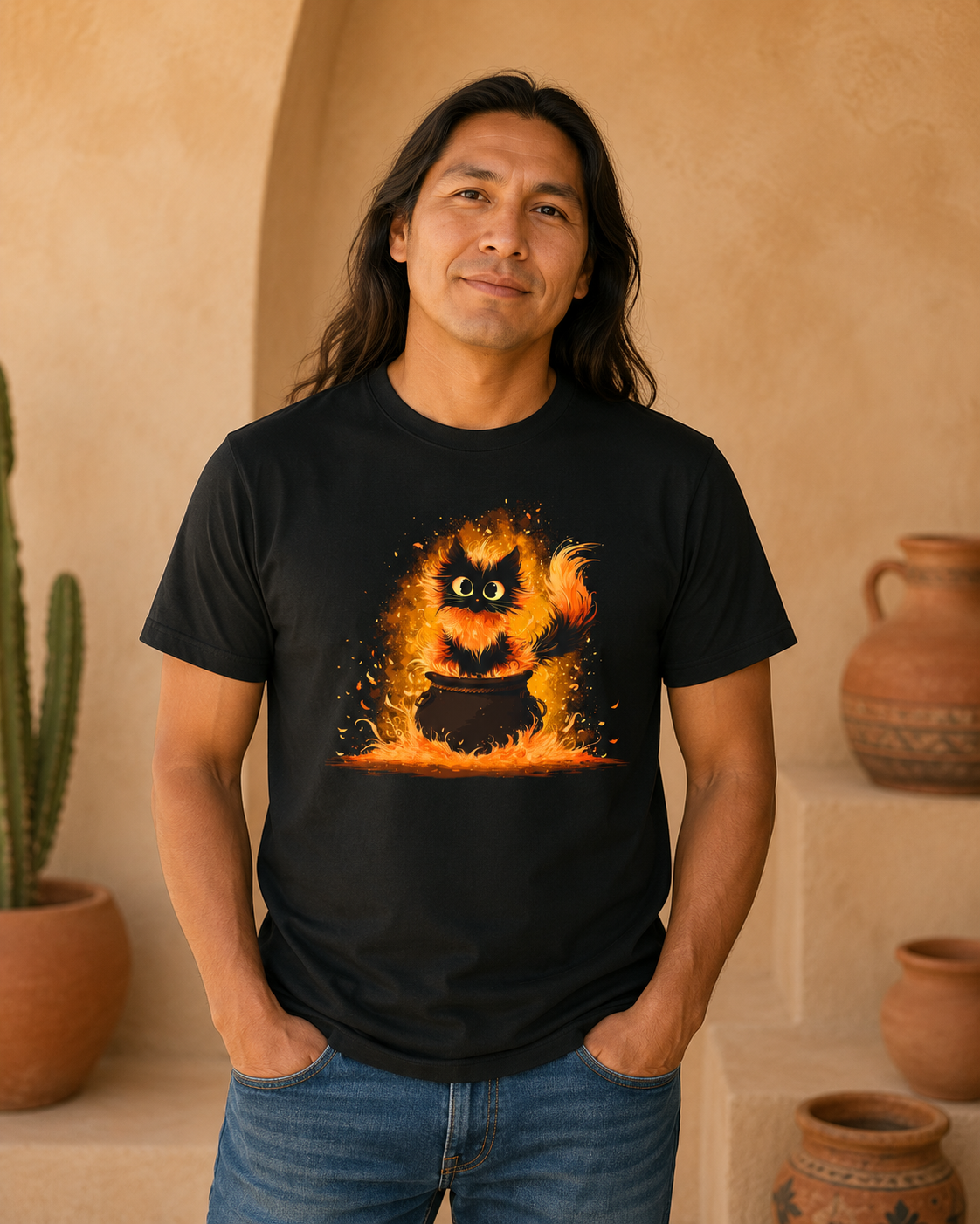 A man wearing a black t-shirt with a graphic of a black cat surrounded by flames in and around a caldron, standing in a warm, rustic room with terracotta pots and a cactus.