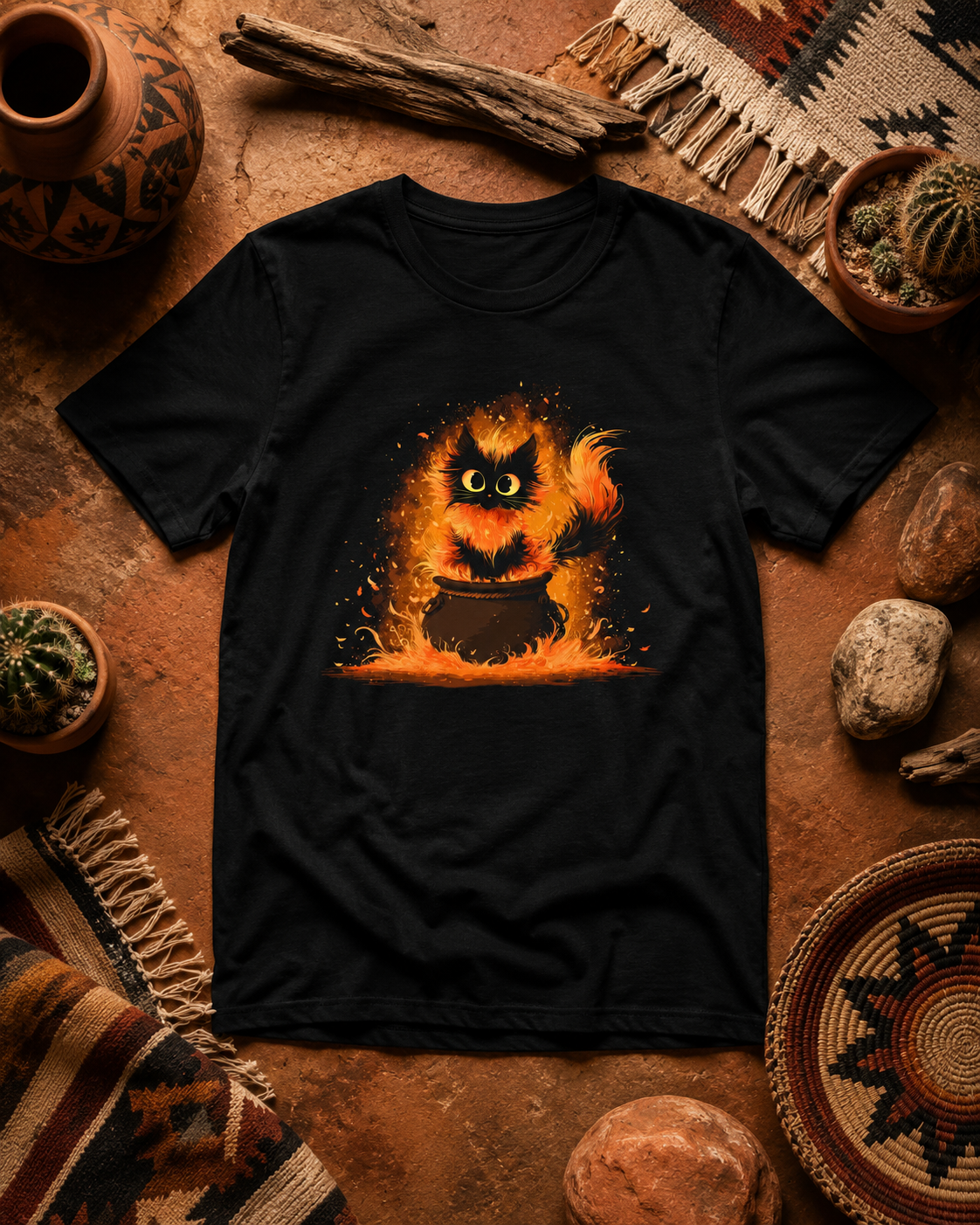 A black short-sleeve t-shirt laid flat on a rustic brown surface, featuring a graphic of a glowing cat sitting in a cauldron with smoke and sparks. The shirt is styled with dried branches, small potted cacti, woven textiles, and stones.