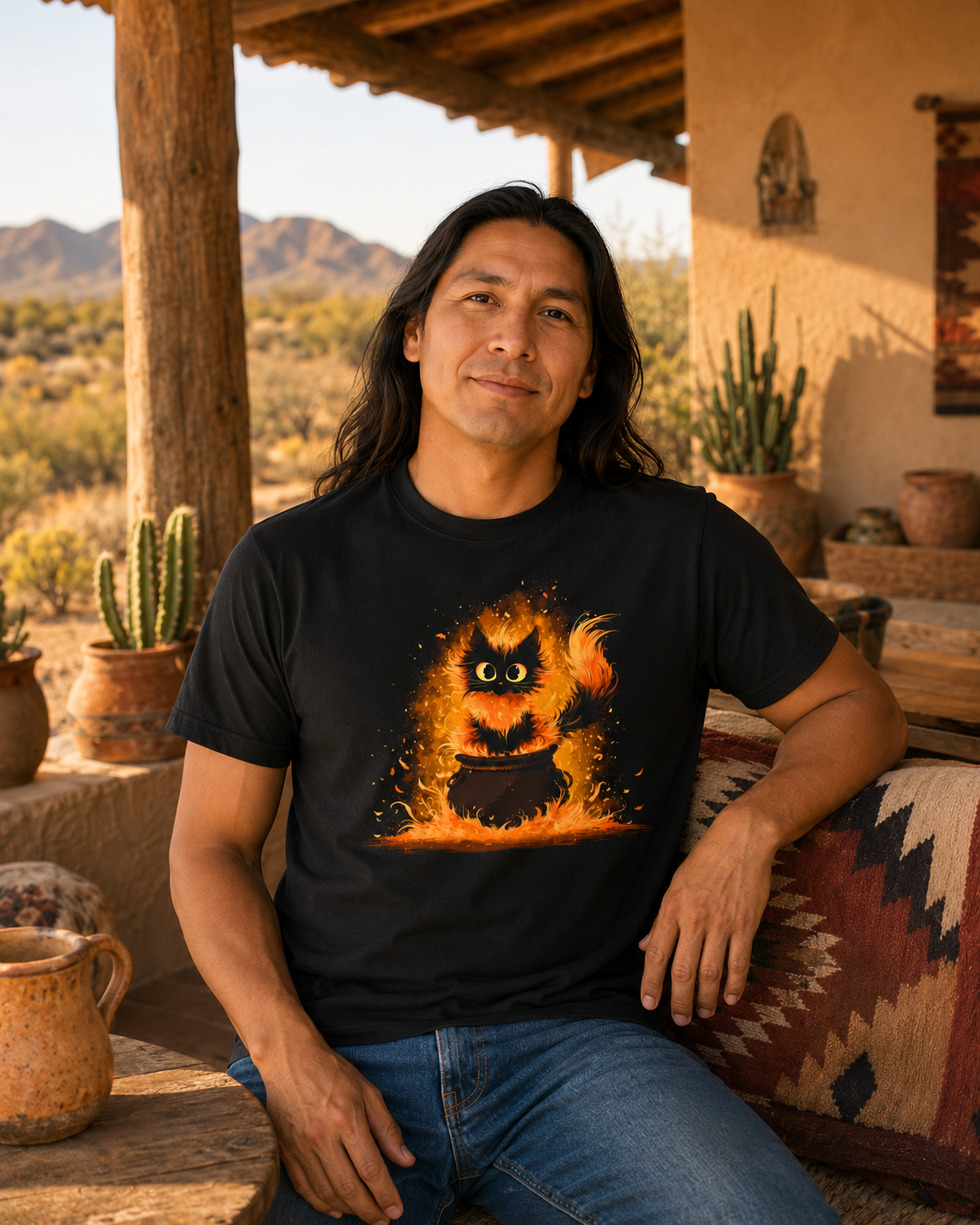 A man sitting on a porch wearing a black t-shirt with a graphic of a black cat surrounded by caldron magic, set against a warm desert home background.