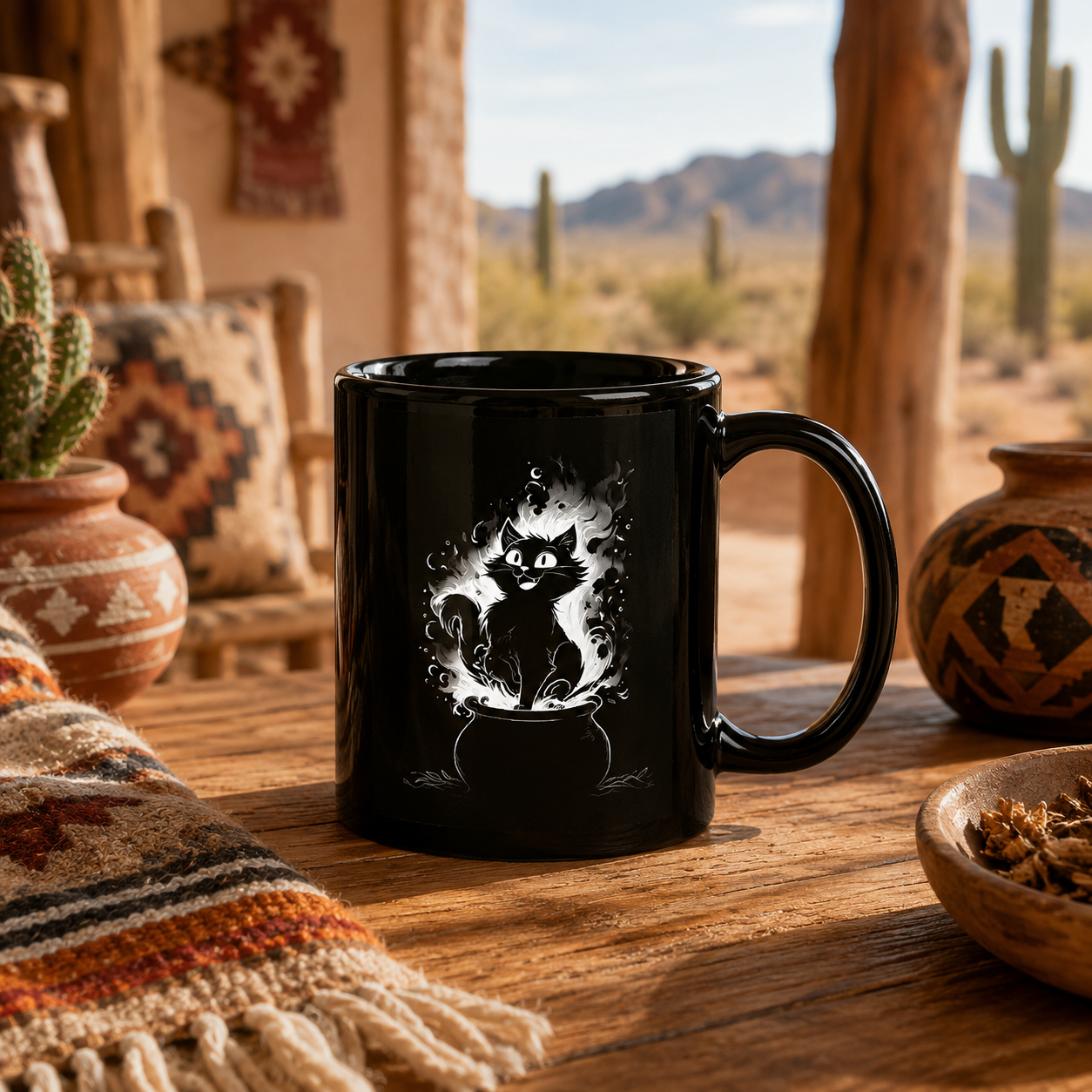 Black cat mug featuring a vintage kitten design with a cauldron and whimsical elements