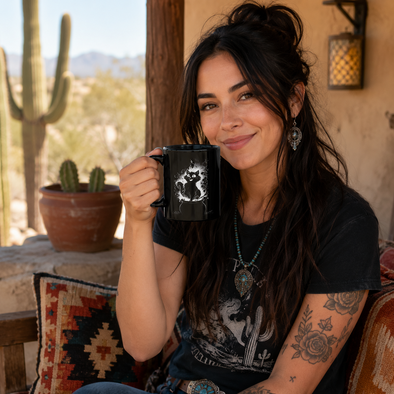 Black cat mug displayed on a wooden table with a cozy setting