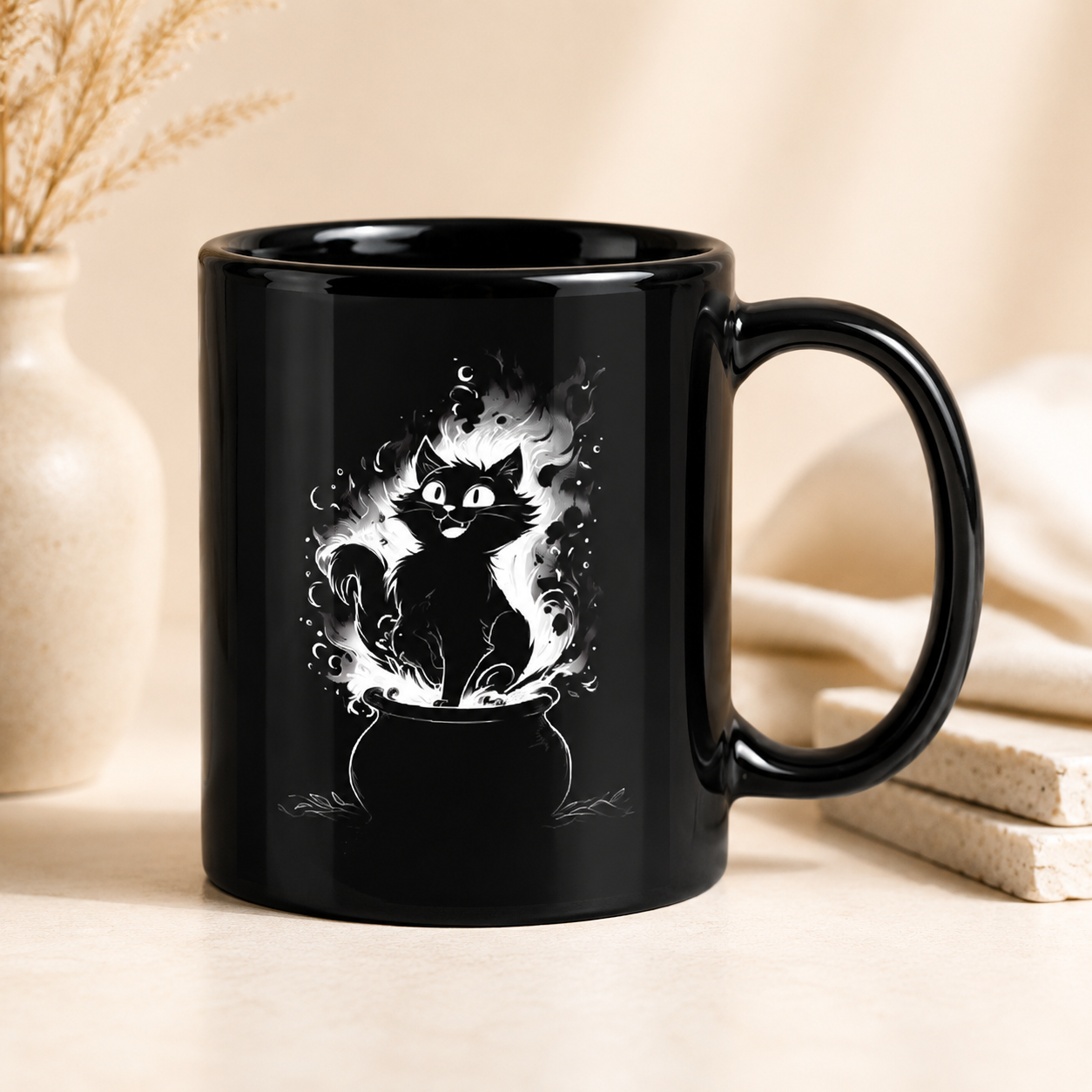 Black cat mug in a lifestyle setting with a book and a cozy blanket