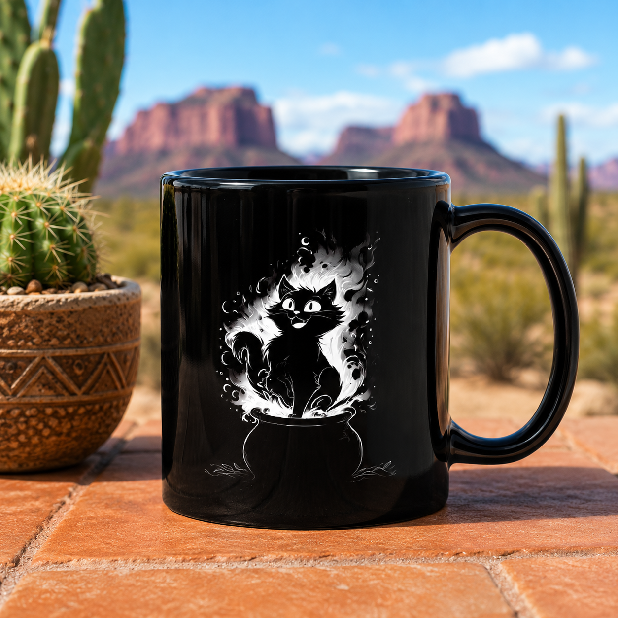 Black cat mug with vintage kitten cauldron design on a patio floor