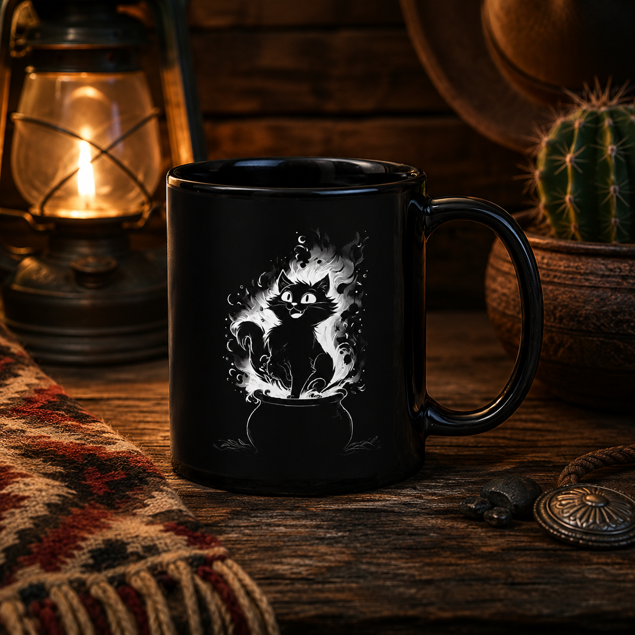 Close-up of the black cat mug showcasing the detailed vintage kitten cauldron artwork