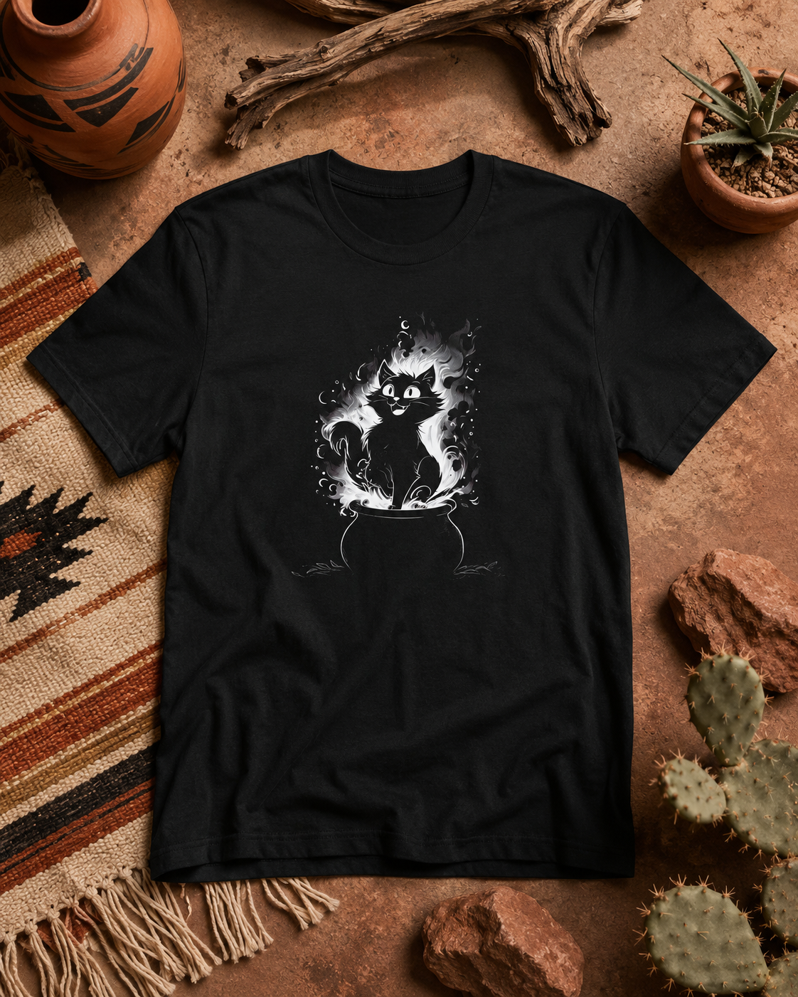 A black short-sleeve t-shirt laid flat on a rustic brown surface, featuring a white graphic of a cat sitting in a cauldron with smoke and magical details. The shirt is styled with a woven rug, pottery, driftwood, rocks, and a small potted cactus.