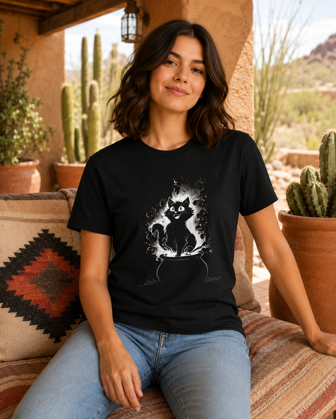 A woman sitting on a patterned couch wearing a black t-shirt with a vintage print of a black kitten in a cauldron, set against a desert patio background with cacti.