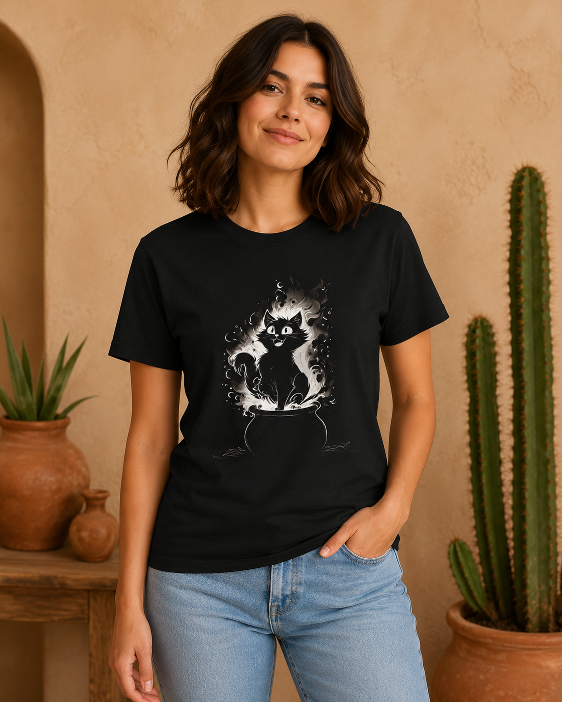 A woman wearing a black short-sleeve graphic t-shirt with a vintage black kitten in a cauldron, paired with light blue jeans, standing in a warm-toned indoor setting with potted cacti.