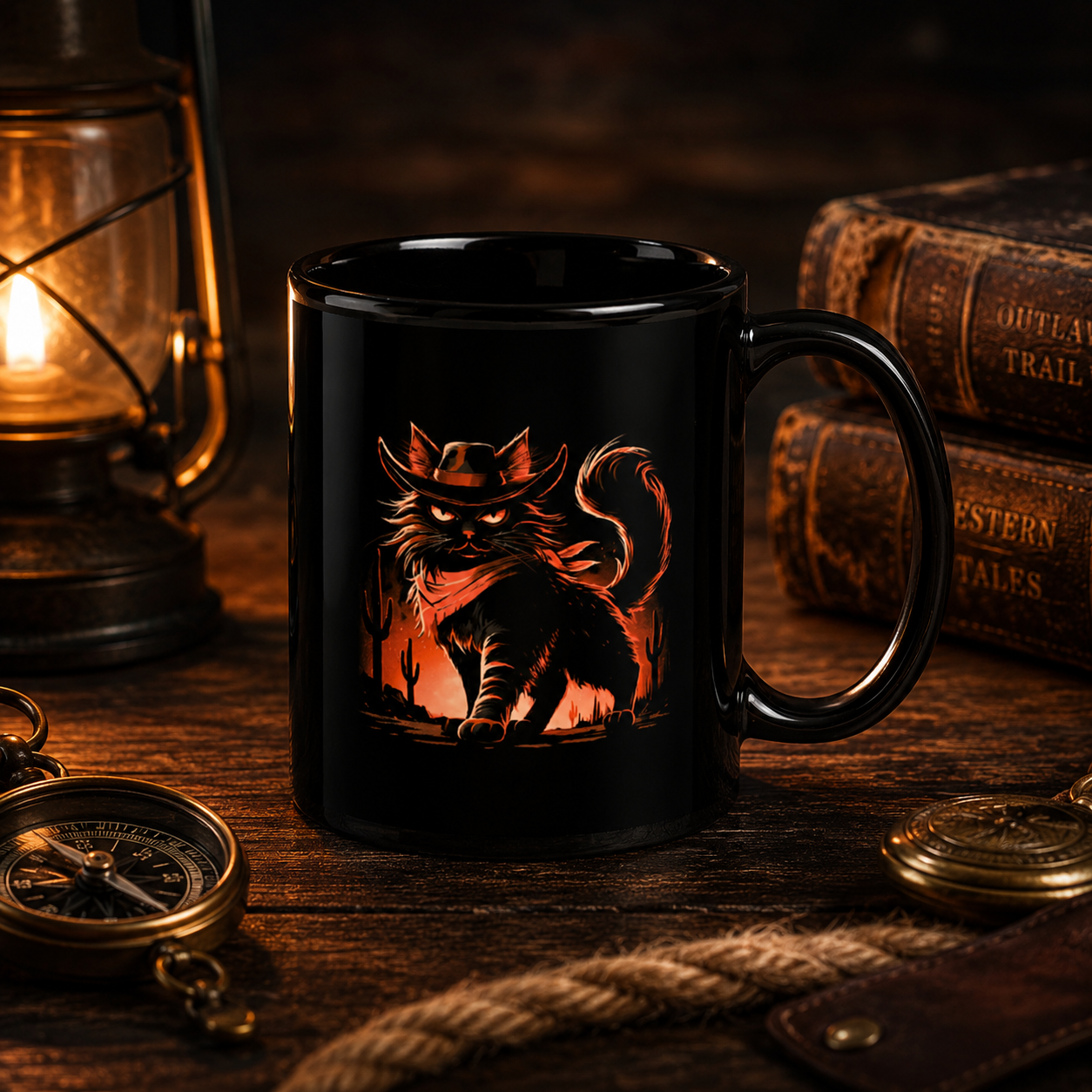 Black mug with a cat design on a rustic table with a lantern and old books.