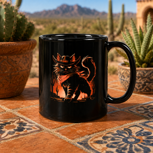 Black mug featuring a cat in a cowboy hat against a desert backdrop.