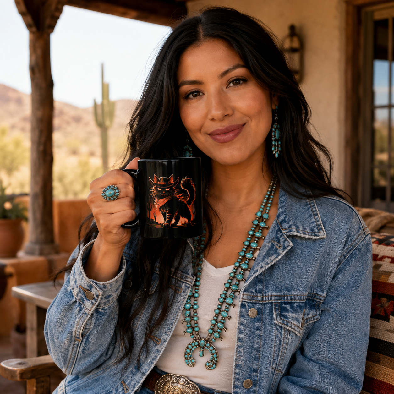 Woman holding a black mug with a cat design, wearing turquoise jewelry.