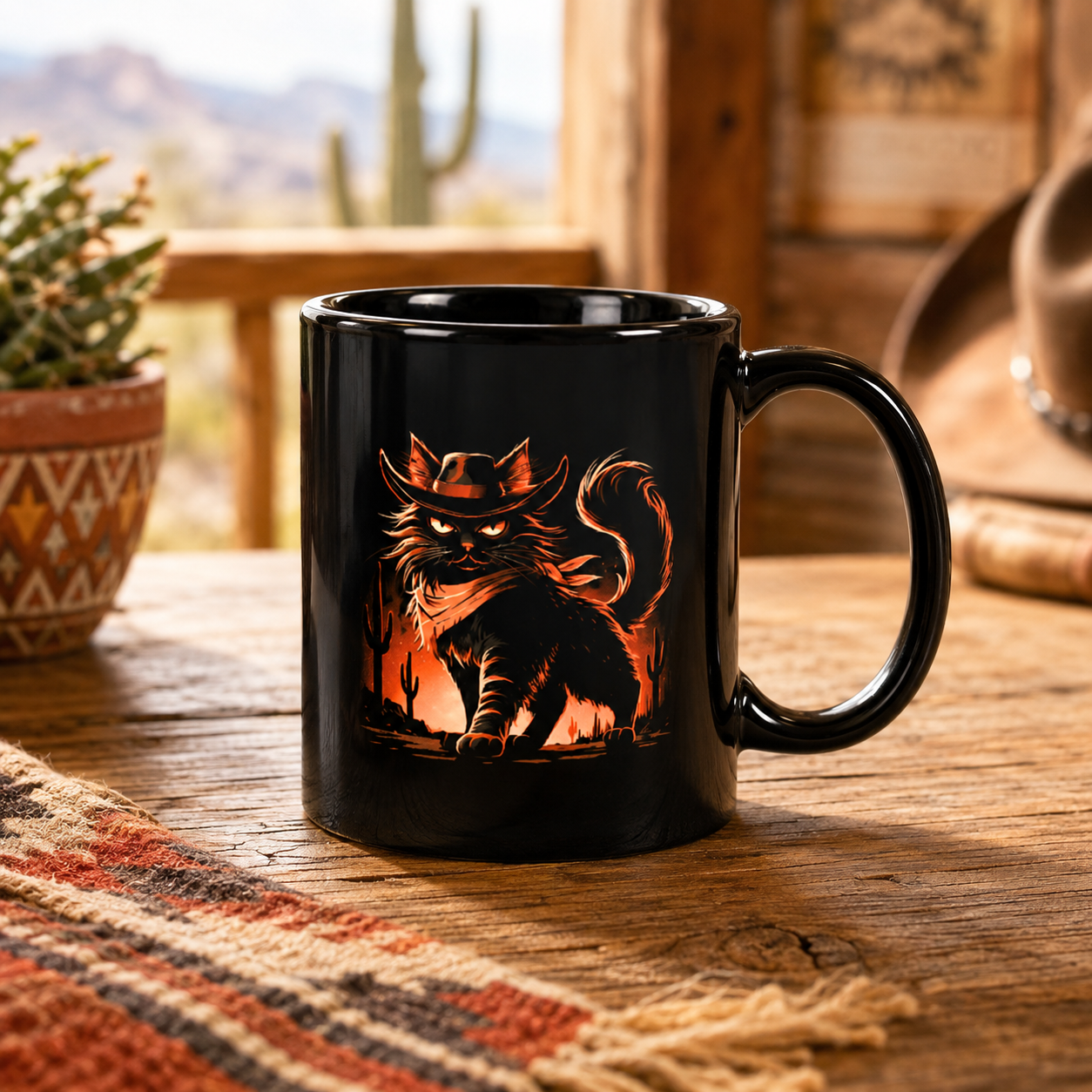 Black mug with a cat in a cowboy hat on a wooden table with desert scenery.