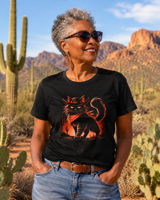 Woman wearing a black tee with a cat design in a desert landscape.